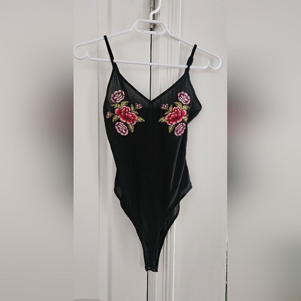 Sheer with floral embroidery bodysuit